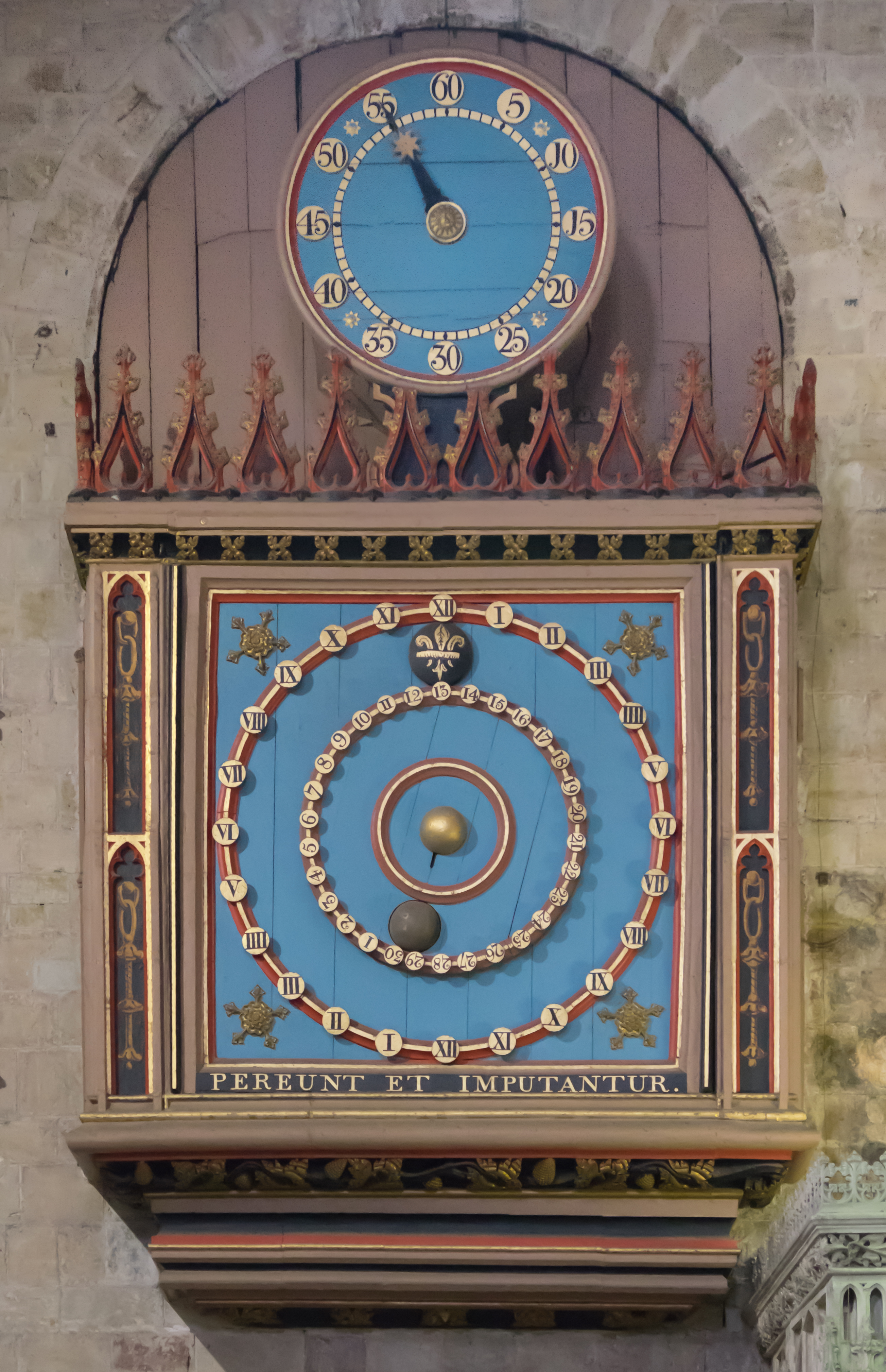 A photograph of a historic tower clock face whose single ring of numerals runs from one to twenty-four rather than one to twelve.