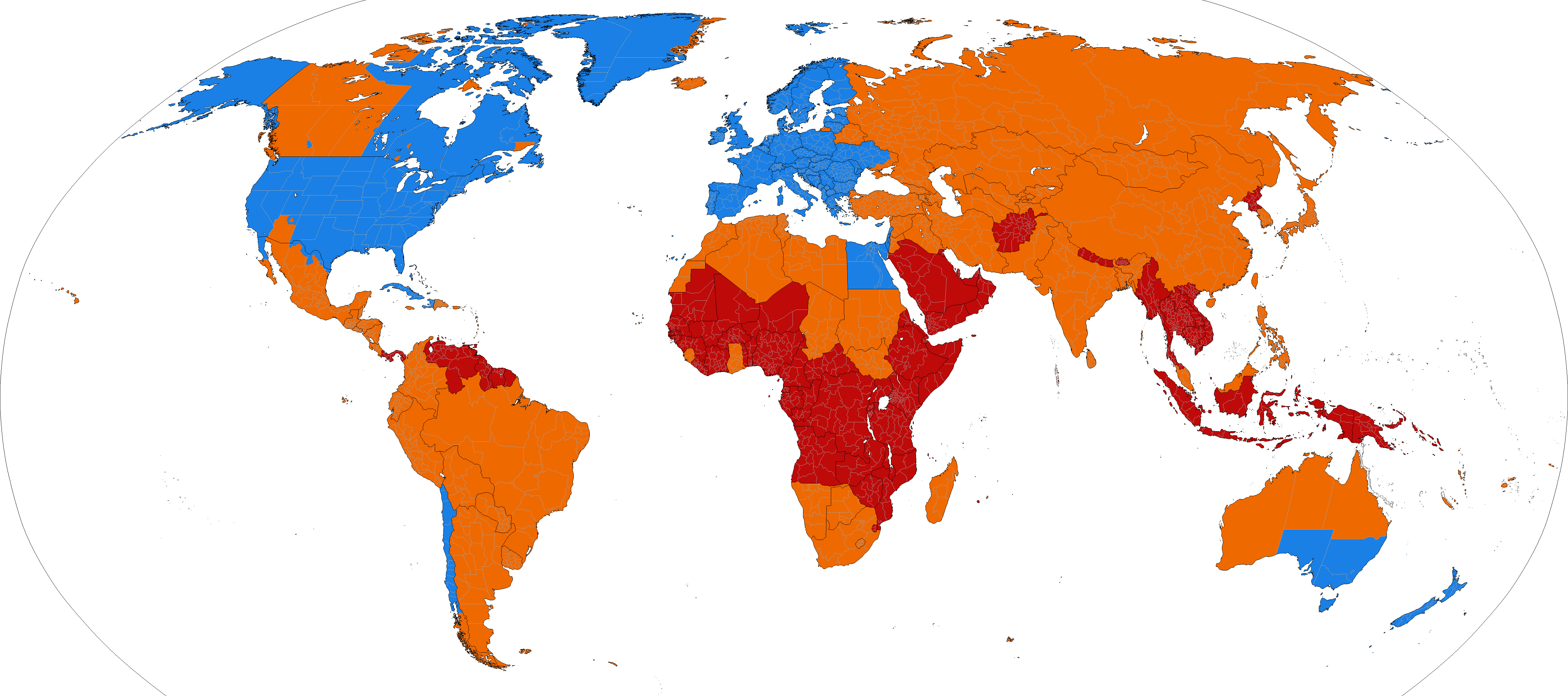 A world map with a minority of countries shaded as observing daylight saving time and most countries unshaded, showing the practice concentrated in Europe, North America and parts of the southern cone.