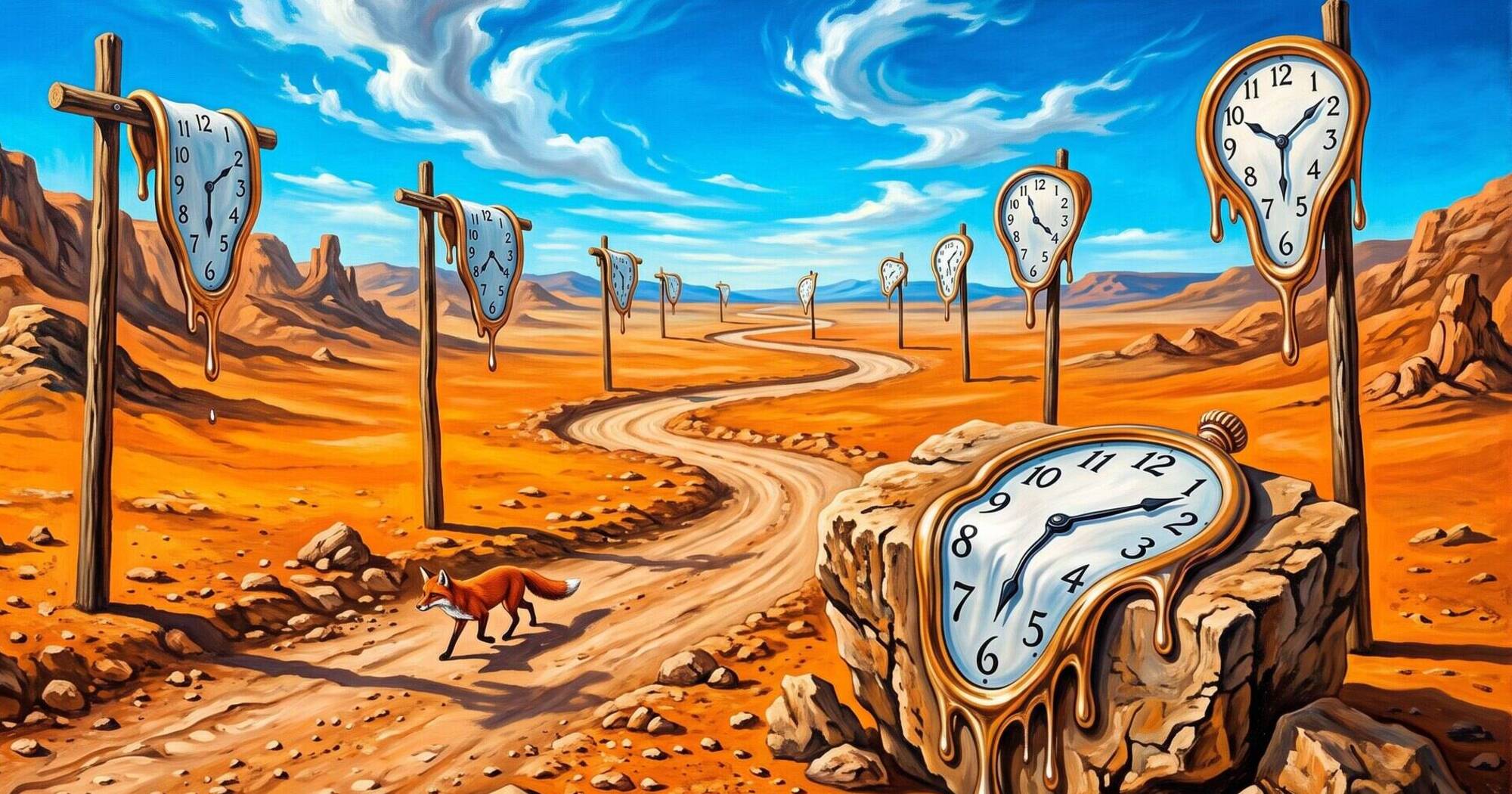 A fox walks down a desert road lined with melting pocket watches on posts