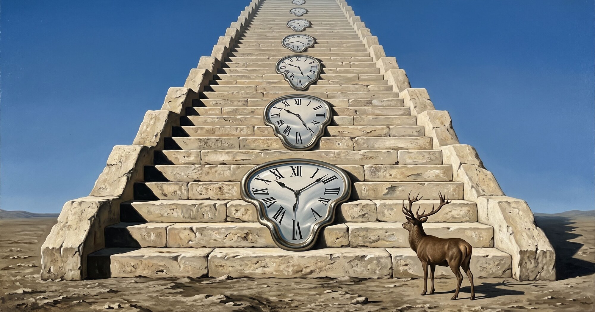 A stag stands at the foot of a desert staircase draped with melting pocket watches